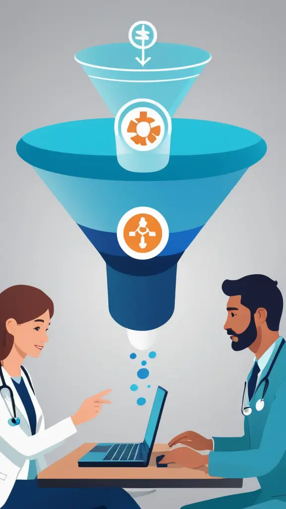 The digital illustration features two sick patients searching for healthcare services, with digital marketing icons flowing into a blue funnel. Three doctors, one with a laptop, another pointing towards the funnel, and the third at a desk, actively engaging with patients. As patients navigate the funnel, positive outcomes emerge, including coins, 5-star reviews, and increased engagement. These elements emphasize both the financial success and intangible benefits of effective healthcare treatment. The composition maintains clarity, with patients, icons, and doctors distinctly placed, ensuring the viewer can easily understand the healthcare journey.