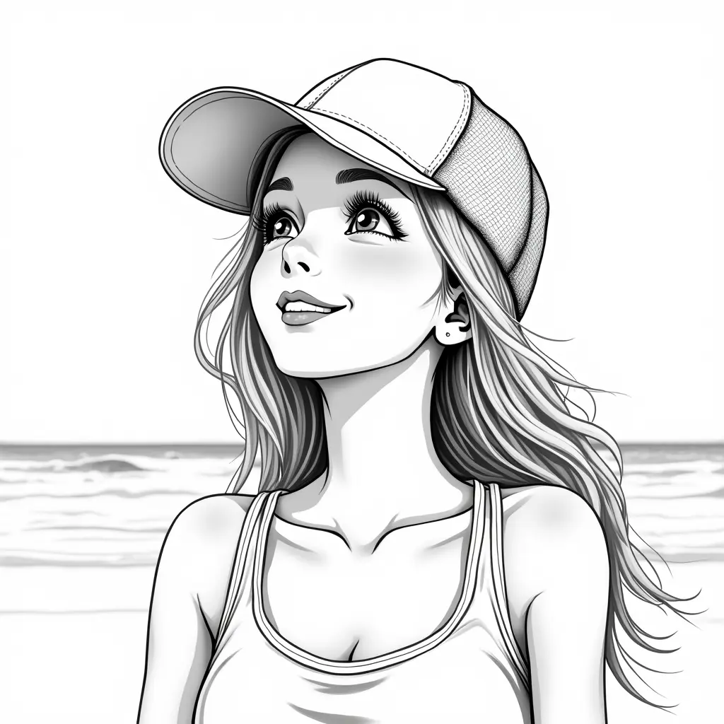 Masterpiece, best quality, (detailed background), high contrast, 1 girl,wearing trucker hat, highly detailed face, wide shot portrait, smiling face,casual summer holiday sleeveless shirt, looking to the sky,beach background, clean line drawings,black and white only
