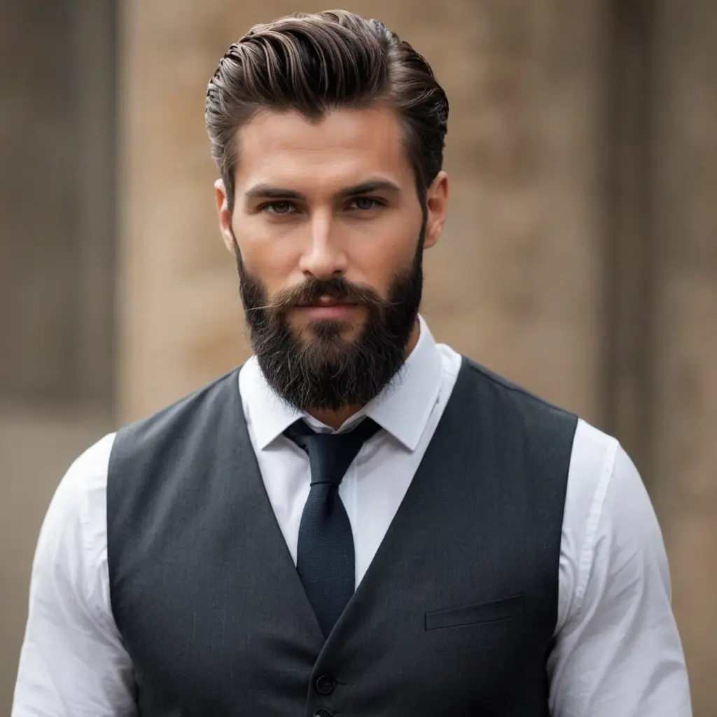 رجل وسيم وجميل جداً يتميز بملامح جذابة تثير الإعجاب. وجهه يضفي عليه الجاذبية، عظام الوجنتين بارزة والعيون مشعة وبراقة و لونها رصاصي. له لحية كثيفة وطويلة، تعزز من وسامته وتعطيه مظهراً قوياً وجذاباً. بشرته ناعمة وصافية، وشعره منسق بعناية و لونه اسود ، مما يبرز جماله بشكل مثير. "أريد شخصية بلحية كثيفة وممتلئة، منظمة ومشذبة بعناية لتكون بمظهر أنيق ومرتب و اريد ان يكون شعر الشخصية اسود و لون عيناه رصاصي