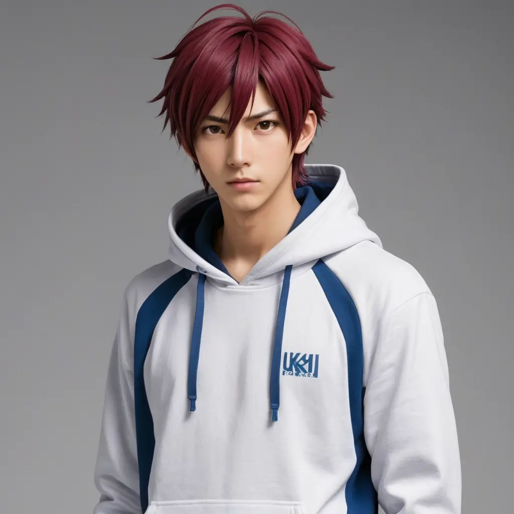 أحتاج صورة لشخص يشبه أكاشي سيجيرو من انمي "كوروكو نو باسكت" وهو ينظر بنظرة جادة أو مستفهمة. يكون مدخل يديه في جيوب بنطاله، ويرتدي هودي أبيض واسع وجينز أزرق واسع، مع تسريحة شعر مرفوعة كما هو شائع بين الشباب، ان يكون مكتوب على الهودي في الوسط "Malik"