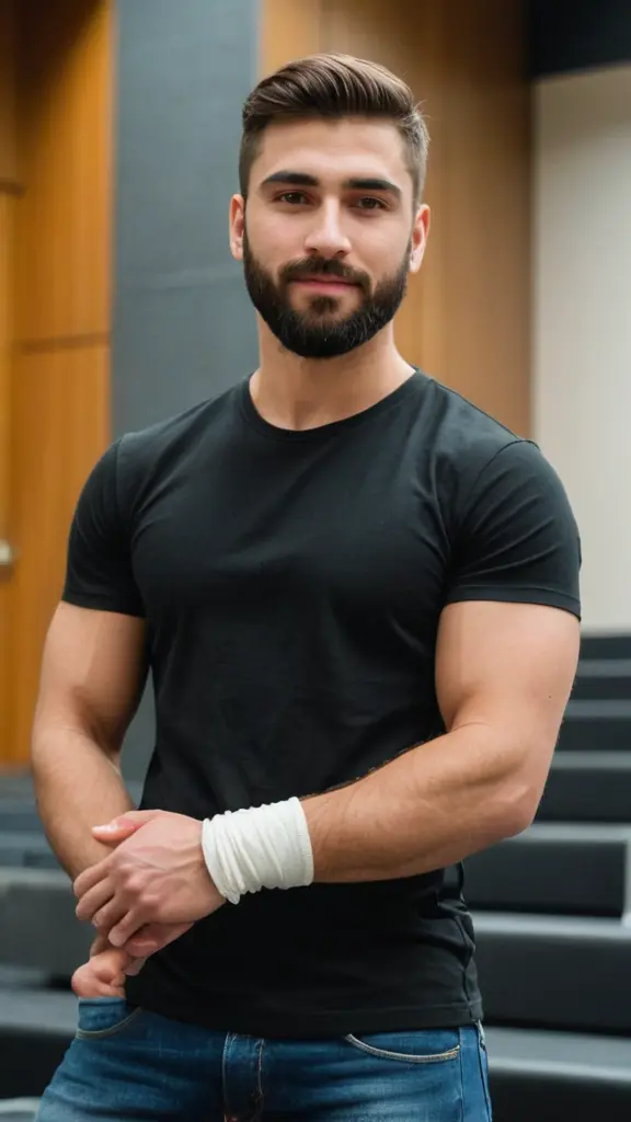 شاب وسيم جميل الملامح لحيته جميلة و فكه عريض لون عيونه خضراء و رموشه طويلة جسده بارز العضلات بشكل كبير و عروق يديه بارزتان يرتدي تيشيرت اسود يده اليمنى ملفوفة بضماد ابيض من الساعد حتى كف اليد يرتدي بنطال جينز و حذاء اسود فخم ان هذا الشاب طويل القامة بشكل كبير و المكان في مدرجات احد مدرجات جامعات كلية الحقوق في ارمينيا و الزمن في النهار