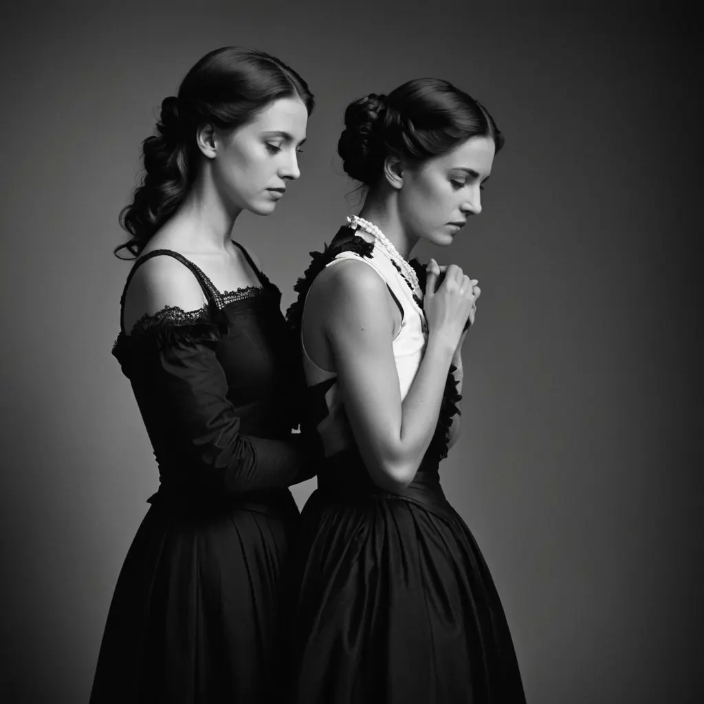 black and white portrait like an old photograph . consists of two women who appear to be from different generations. The first woman stands in the front row, wiping a large part of the image with her body, wearing a white colored dress and holding her head up with a sharp, confident look. The second woman hides behind the first, placing her hands on the latter's shoulders with her head lowered with a withered look mixed with sadness or fear, wearing black clothes.As for the lighting, it appears to be of artificial origin, but what is striking is that it oscillates between the duality of light and shadow characterizes many of the artworks inobscure-claire sixteenth century (Baroque era).