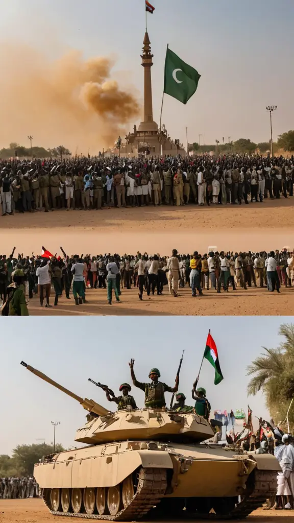 تصوير مشهد احتفالي يعكس اليوم انتصار الجيش السودانى مع معالم الحرب مثل الجنود ، يظهر أشخاص يحتفلون، يرتدون الأزياء السودانية الحربيه – الأسلحه النارية تضيء السماء الرقم ٢٠٢٤ وكلمه السودان واسفلها رقم ٥٦' يندمج بشكل إبداعي في التصميم، محاط برموز الخربيه مثل الاسلحه عن وعناطيم الماء والدببابت تراثية المشهد يعبر عن الفخر والنصر بطريقة مرحة وديناميكية