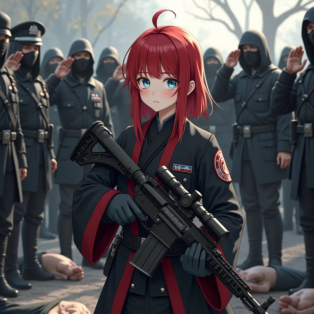 شخصيه بنت شعرها احمر و ليس طويلا تلبس لابس ساموراي لونه اسود و قليلا احمر و تمسك بندقيه قنص كبيره بحولها رجال شرطه يلبسون لبس القوات الخاصه مقنعين يعطونها تحيه و الشخصيه تلبس بريهه عسكريه سوداء الشخصيه نرجسيه و عيناها زرقاء ترتدي بريهه سوداء عليها علامه 08 و المكان الذي فيه الشخصيه معسكر و تحت أقدام الشخصيه رجال ملثمين ميتين الشخصيه ترتدي قبعه سوداء