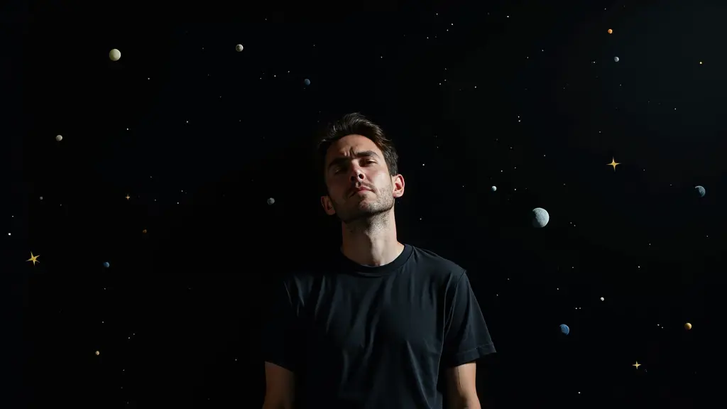 خلفية سوداء تمثل الفضاء، بها نجوم متفرقة خافتة وبعض الوان الاجرام السماوية. في منتصف الصورة شخص مكتئب مستلقي في الفراغ، يبدو وكأنه يطفو بدون جاذبية. تعابير وجهه واضحة وتعكس الوحدة والحزن، بينما يحيط به فراغ فضائي واسع، مما يعزز الشعور بالعزلة والفراغ الكوني ويطفو حوله بعض زكريات الماضي الجزينه والمئلمه