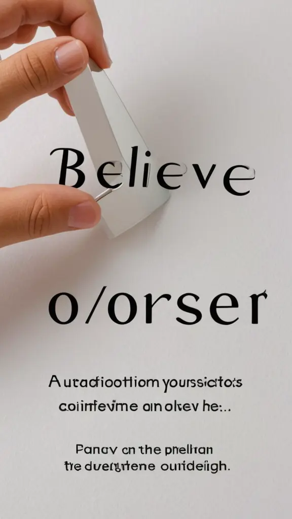 صورة لكلمة "Believe in Yourself" تكون الوانها واضحة وزاهية تعبر عن التفاؤل والخطوط تكون متعرجة وواضحة بحيث لو تم ازالة الخلفية لا تتأثر الجملة مع صورة لمرآة وفيها شخص ينظر إلى نفسه بثقة، أو أيقونة يد مرفوعة وكأنها تؤكد القوة والثقة بالنفس علي ان يكون التركيز كله الجملة انما صورة الشخص تكون صغيرة