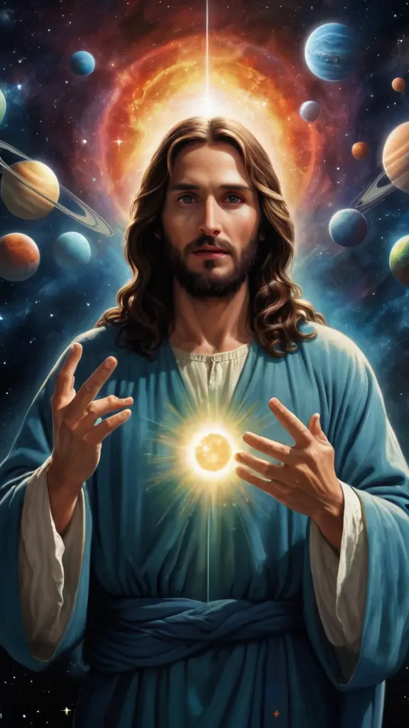 **وصف الصورة:**
في الفضاء العميق، تظهر صورة المسيح مرعب ومخيف في وسط الصورة. المسيح هائل وضبابي، يطفو بين الكواكب العشرة الموزعة في الخلفية. كل إصبع من أصابع المسيح يخرج منه سلسلة طويلة، تتدلى في الفضاء وتلتف حول الكواكب المختلفة، وكأنها متصلة بها بشكل مخيف. الكواكب تتوزع بشكل عشوائي أمام المسيح، مع ألوان مختلفة وإضاءات متوهجة لإضفاء المزيد من التأثير البصري. المسيح نفسه يتسم بملامح مخيفة، مع عيون لامعة وأسنان حادة، مما يجعله يبدو وكأنه كائن قادم من عالم آخر. النجوم تضيء في الخلفية، مضافةً مزيداً من العمق والتفاصيل للفضاء.