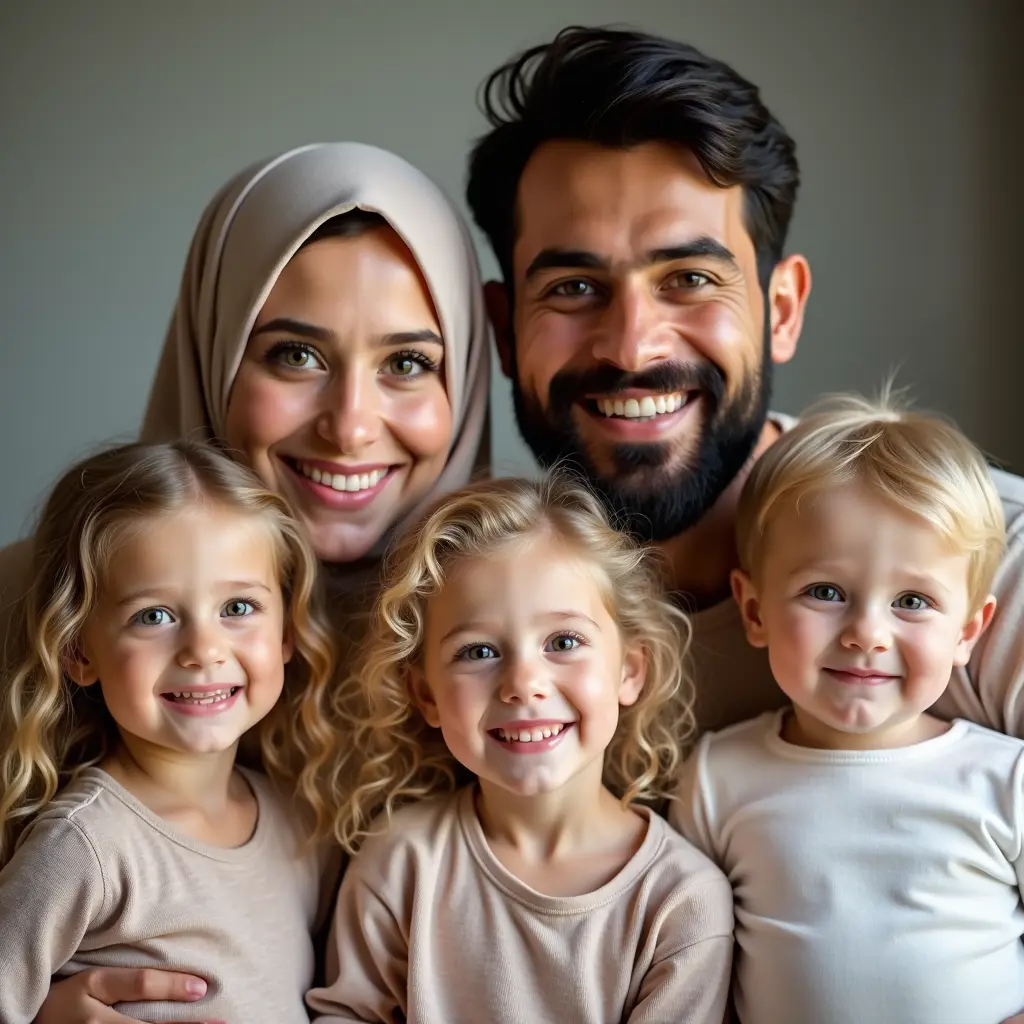 عائلة من خمس اشخاص الام ترتدي الحجاب بحواجب مرسومة وعيون واسعة ووجه دائري وشفته رفيعة ذات بشرة بيضاء والاب اسمر اللون ذو لحية وحواجب ملتصقة من المنتصف وعيون واسعة وشعر قصير وطفلة بعمر اربع سنوات شقراء بشعر مجعدوعيون واسعة وشفتان رفيعة وطفل ذكر بعمر ثلاث سنوات اشقر وعيونه واسعة وطفل ذكر بعمر خمس اشهر ذو شعر طويل اشقر وعيون واسعة ووجه دائري ابيض ممتلئ