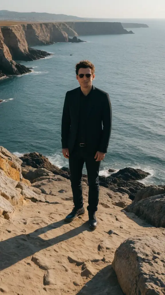 رجل يقف فوق أرض صخرية صفراء مرتفعة عن البحر، ينظر نحو الكاميرا، والبحر وراءه. الشمس تقع على يسار المشهد، مما يلقي بظلال إلى اليمين، ولكن الشمس نفسها غير ظاهرة في الصورة. يرتدي الرجل ملابس داكنة، وخلفه البحر المفتوح والسماء الصافية.