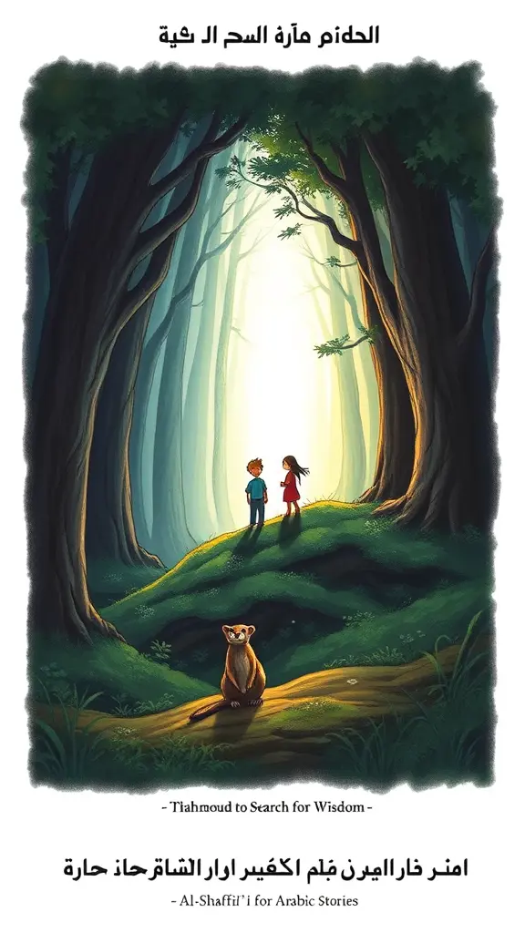 غابة كبيره يلتهم نصفها الظلام والنصف الاخير يمتلئ بالنور ويظهر في النصف المنير ولد وبنت شباب وايضا حيوانهم النمس وفي اعلي الصوره كتابة بسيطة باللغة العربيه *طريق البحث عن الحكمة* وفي الاسفل كتابة اخري *محمود الشافعي* اسفلها كتابة اخري *الشافعي للقصص العربي* ملاحظة كل الكتابات تكتب باللغة العربيه كما هي