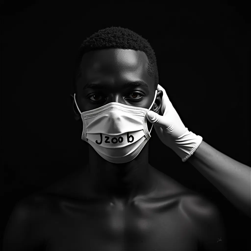 draw A black man, black background, with a white mask Inscribed on it The name "jzoob" is engraved in the mask being removed by a person wearing a white glove. The person's head and arm disappear into the darkness, leaving only the mask and glove visible‚