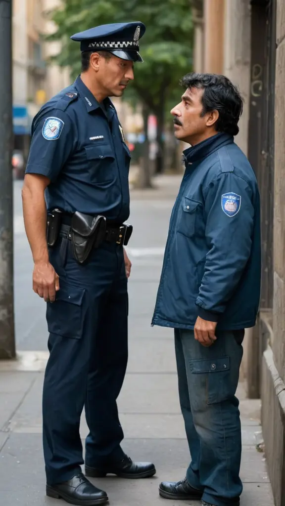 الصورة تصور شرطيًا بأسلوب الأنميشن وهو يسأل رجلًا مشردًا. الشرطي يبدو قويًا وودودًا، يرتدي زي الشرطة الأزرق مع شعارات واضحة على كتفيه. ملامح وجهه تعكس الجدية والاهتمام، وعيناه مركّزتان على الرجل المشرد، مع تعبير لطيف.
الرجل المشرد يظهر في حالة من الارتباك والقلق، حيث تبدو ملامح وجهه حزينة وعيناه تعكسان شعورًا بالضياع. شعره يبدو غير مرتب، وملابسه قديمة ومتسخة، مما يبرز ظروفه الصعبة. يقف الرجل بجانب حائط أو في ركن من الشارع، بينما الشرطي ينحني قليلاً للتحدث معه، مما يدل على تعاطفه.
خلفية الصورة تتضمن تفاصيل حضرية، مثل الأرصفة والأشجار والمباني البعيدة، مما يضفي عمقًا على المشهد. الألوان في الصورة زاهية، مما يعكس أجواء المدينة الحيوية، ويبرز اللحظة الإنسانية بين الشخصيتين.