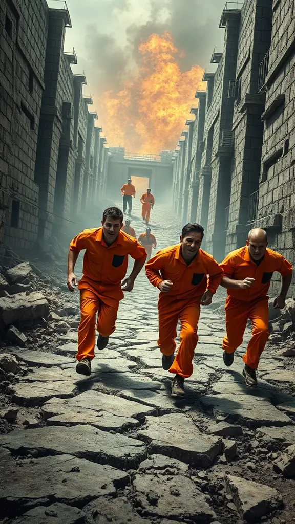 Four prisoners in bright orange jumpsuits desperately run from a collapsing prison during a massive earthquake, chaos behind them with crumbling walls, cracks in the ground and other prisoners in the distance. Dramatic lighting, action-packed, realistic style and vibrant colors