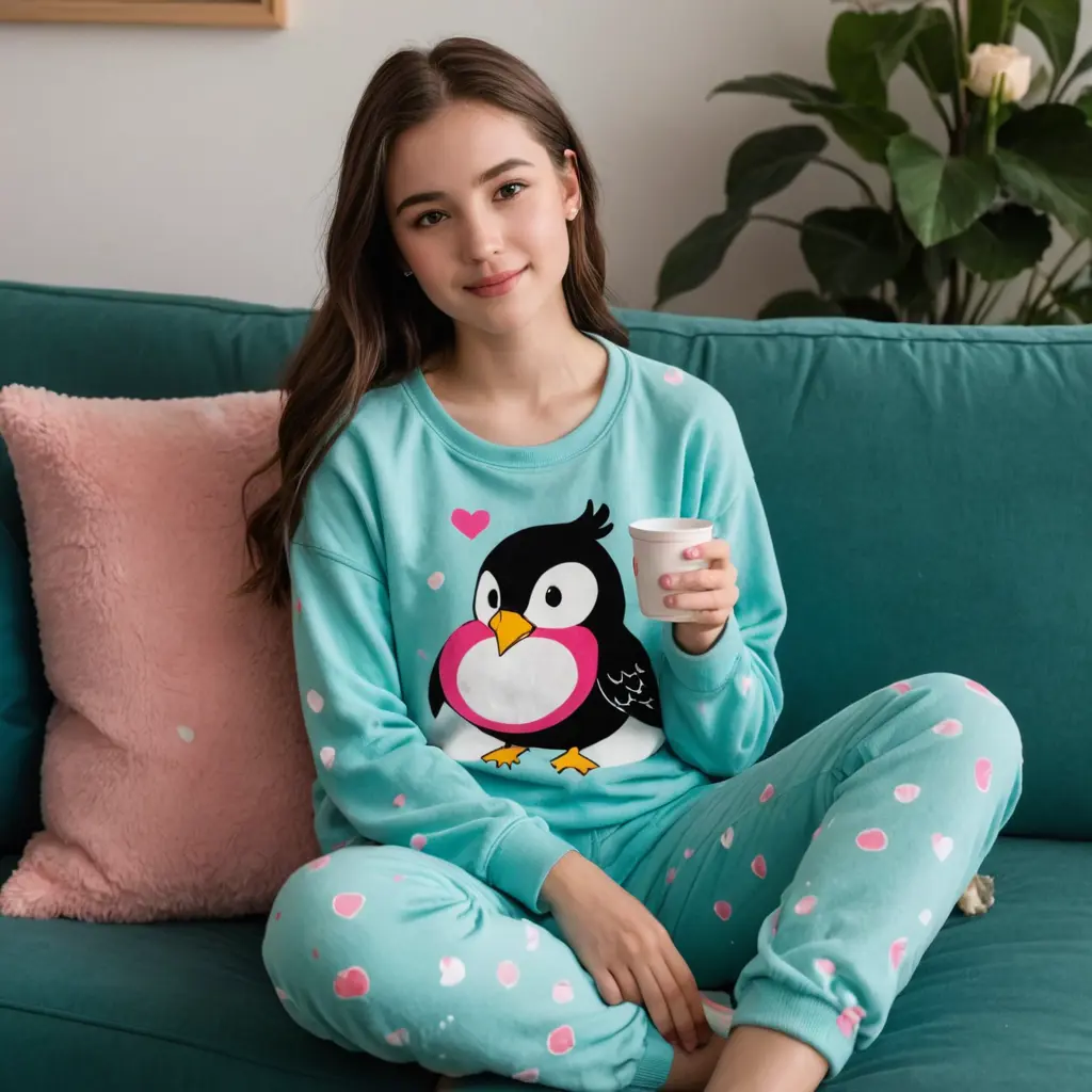 فتاة. تبلغ من العمر 14 عام بيضاء البشرة وذات عيون لوزية صغيرةلونها بنية وفمها صغير الحجم وانفها صغير ولها خدود ورديةترتدي بيجاما شتوية فروية لون تركواز وعليها رسمات قلوب صغيرة باللون الابيض ودوائر صغيرة باللون الاسود وشعرها بني كاشف مصفف بتريحة الجديلة وتجلس على اريكة حمراء وملتفة بغطاء وردي لطيف وكانبها مخدة مربعة الشكل لونها اخصر وعليها رسمة نقار الخشب وتمسك كوب ابيض عليه رسومات ازهار لطيفة وامام الاركية طاولة خشبية عليها مزهرية صغيرة فيها ورود صفراء وبيضاء وترتدي الفتاة ايضا شبشب للمنزل لونه ابيض وخلفها مكتبة صغيرة لونها خشبي فيها بعض الكتب.