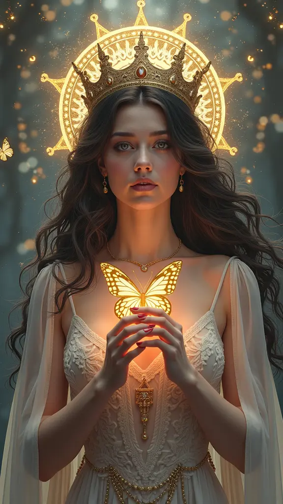 a woman wearing a crown and holding butterflies in front of the word asmaa, official artwork, award-winning fantasy art, by Cosmo Alexander, promotional poster, official poster artwork, award winning fantasy art, elegant cinematic fantasy art, psytrance artwork, divine cosmic female power, alena aemani digital art, very beautiful fantasy art, amazing fantasy art, beautiful fantasy art, detailed artwork, intricate ornate anime cgi style, ((a beautiful fantasy empress)), inspi