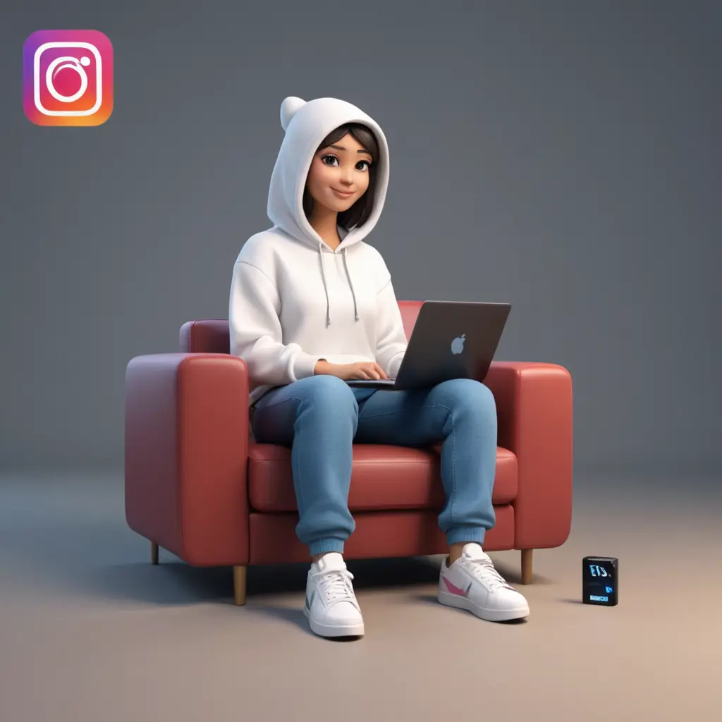 Create a 3D illustration of an animated character sitting casually on top of the “Instagram” social media logo. The character must wear veiled clothing, and the background of the picture is a personal page on the social networking site bearing the username “tnn3n” and a personal photo that matches the animated character. Make sure there are no spelling errors in the text