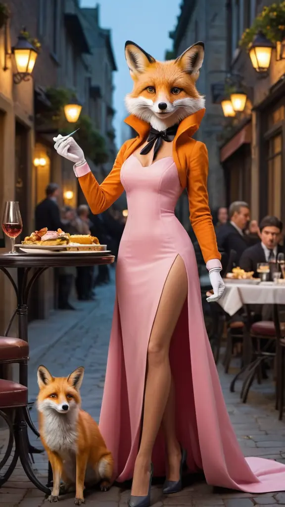 "اصنع مشهدًا كرتونيًا يلتقي فيه ثعلب نادل بجسد بشري عضلي بثعلوبة بجسد بشري نحيف وأنيق. الثعلوبة تتميز بفراء ناعم بلون برتقالي فاتح وذيل كثيف، وترتدي فستانًا زهريًا أنيقًا يعكس انتماءها للطبقة الراقية. تمشي بخطوات رشيقة وثقة، وتظهر ملامح رقيقة على وجهها مع نظرة جذابة. النادل الثعلب يقف وهي تكون تمشي ولمكان يوجد فيه زحمه من الثعالب التي يكونو بهيكل بشري، يحمل صينية بيده وينظر إليها بإعجاب واضح، وعيناه تشع بالفضول والانبهار."