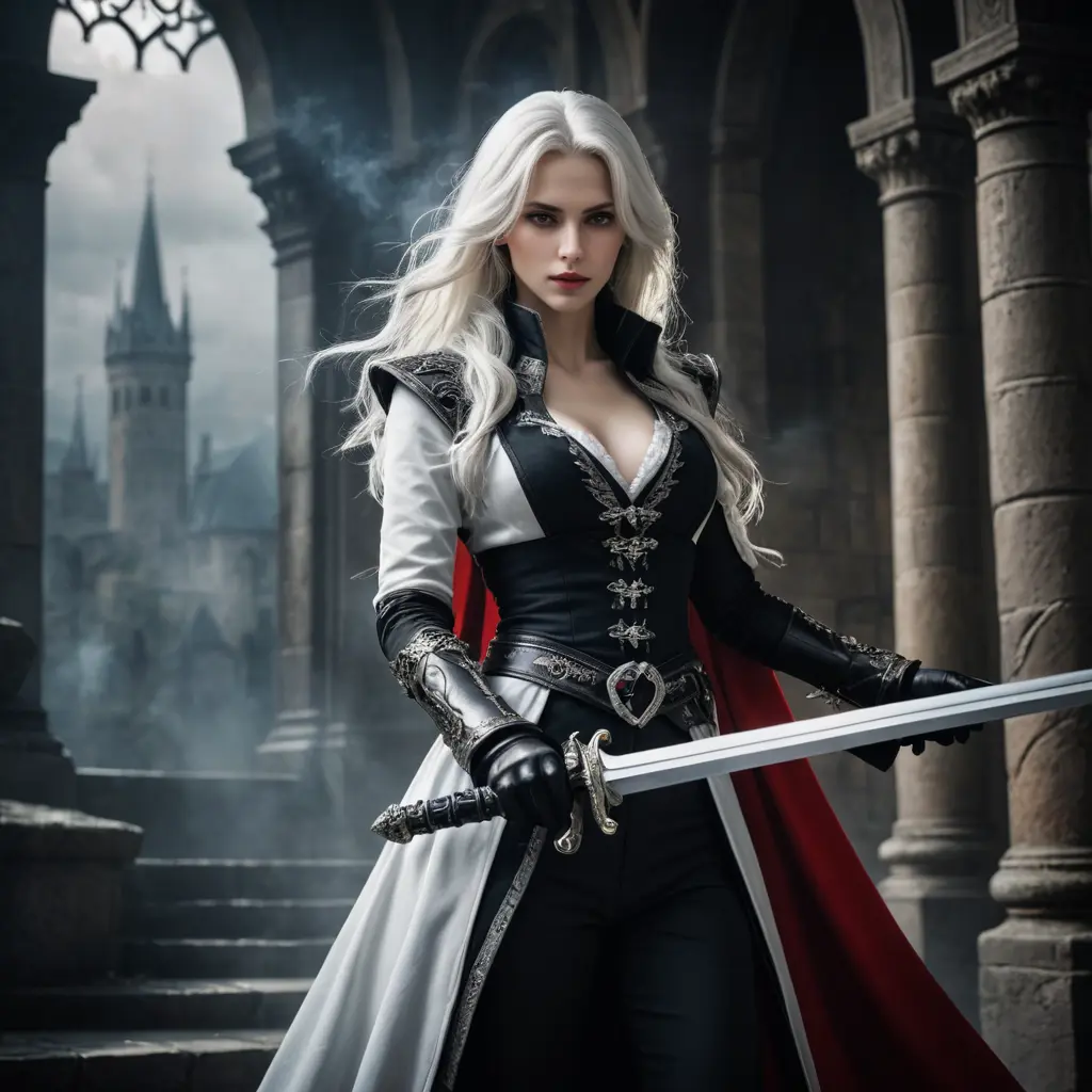 A stunning hyperrealistic female version of alucard from Castlevania , inside dracula's castle background, full-body profile view , beautiful, long white hair, holding a ornate sword, ornate details and a captivating blend of light and shadow effects create a dramatic and awe-inspiring atmosphere, small text on the botton right "@digo.a.i", photo, smoke fx, photo, cinematic, dark fantasy, anime
