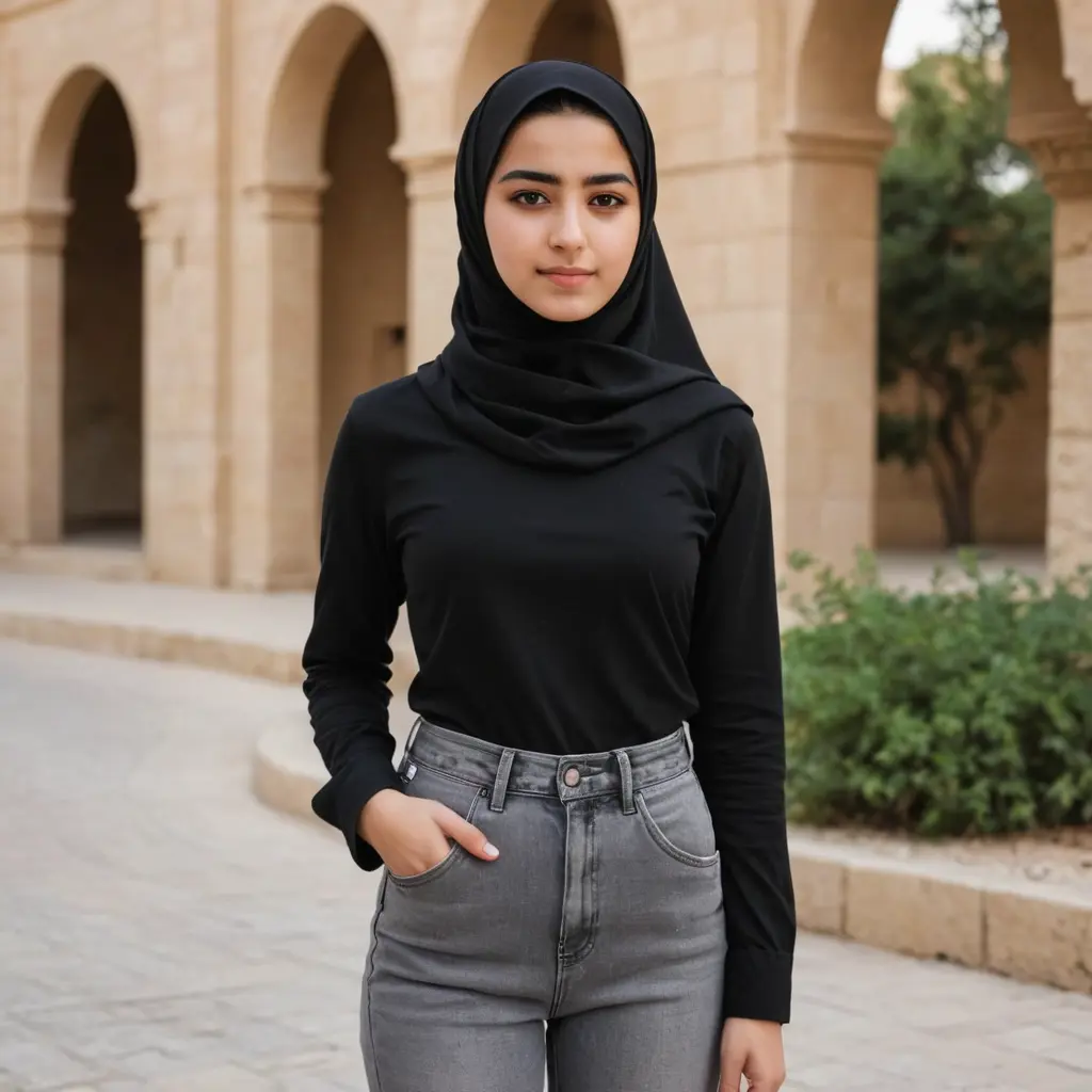 بنت أردنيه عمرها 17 لابسة حجاب لون أسود ولون عيونها أسود وتكون لابسة قميص لون أسود وبنطلون جينز لون رمادي بملابس محتشمة دون كشف البطن