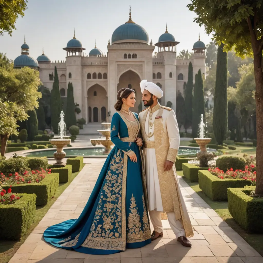 أميرة بجانب زوجها السلطان في حديقة رائعة أمام قصر فخم. الأميرة ترتدي فستانًا طويلًا مزينًا بتطريزات دقيقة وألوان ملكية مثل الأحمر والذهبي، مع حلي مرصعة بالأحجار الكريمة، تعكس مكانتها المرموقة. شعرها مصفف بشكل أنيق وربما مغطى بحجاب خفيف
السلطان، فيظهر بزي ملكي فاخر، يشمل جلبابًا مطرزًا بألوان غنية مثل الأزرق والذهبي، بالإضافة إلى عمامة مزينة بالزخارف، تعكس مكانته كحاكم.
الحديقة تفيض بجمال طبيعي، حيث تتجول الغزلان برشاقة حول المكان، والطواويس بألوانها البراقة ترفع ريشها وتتنقل بحرية، تضفي على المشهد لمسة من السحر والرقي. يوجد في منتصف الحديقة نافورة مياه مزخرفة، يتدفق منها الماء بشكل جميل، مضيفة صوتًا خفيفًا يسهم في هدوء وجمال الأجواء الملكية المحيطة بالأميرة والسلطان.