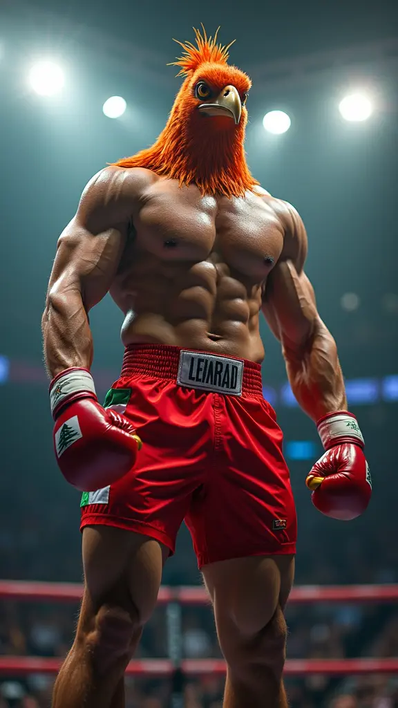 الصورة تُظهر مقاتلًا قوي البنية في حلبة القتال، يتميز بجسم رياضي ضخم وعضلات مشدودة وضخمة، يظهر الجسم بالكامل مرتديًا قفازات قتالية وسروالًا قصيرًا مستوحى من ألوان العلم (اللبنانى) . المقاتل يبدو غير تقليدي، حيث يمتلك رأس عنقاء بدلاً من رأس إنسان، مع مظهر مهيب وأسطوري. الأضواء الساطعة في الخلفية تضيف إلى جو المنافسة والتحدي، مما يوحي بأجواء معركة ملحمية في رياضة المصارعة