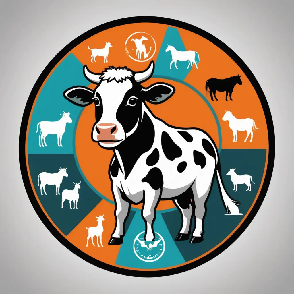 صمم لي لوقو عيادة بيطرية يحتوي على صورة بقرة و خيل و وماعز و خروف و كلب و قطه و سماعة طبيب و شعار الطب البيطري ضع كل العناصر السابقة داخل دائرة وقم بدمج العناصر بطريقة مناسبة أستخدم اللون البرتقالي و الأبيض او الأسود والأبيض او السماوي و الأبيض