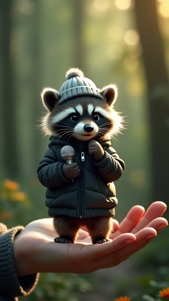 صورة رقمية عالية الدقة وواقعية للغاية لراكون صغير وجذاب، يقف بثقة داخل كف يد طفل صغير، مرتدياً سترة سوداء وبيضاء مع قبعة صغيرة تتناسب مع ألوانه. يبدو وكأنه يغني بحماس واندماج، ممسكاً بمايكروفون فضي صغير في إحدى كفيه الصغيرتين، مع تعابير مرح وعيون سوداء لامعة. الخلفية عبارة عن حديقة ليلية حالمة بألوان خضراء وفضية، مع تأثير بوكيه ناعم يبرز الراكون في المقدمة، وإضاءة دافئة تتسلل من بين الأشجار لتعطي للمشهد لمسة غامضة.