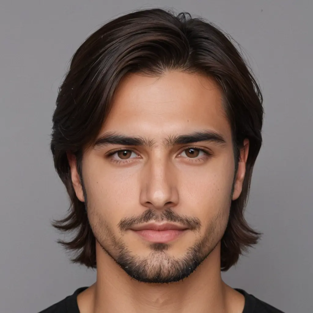 رجل بعيون متوسطة الحجم وحواجب متناسقة وشفتين متوسطة الحجم وأنف جميل وعيون بنية وشعر بين الويفي والستريت وتفاصيل وجهه دائري حاد ولون شعره بني غامق ولديه لحية بين المتوسطة والخفيفة ولون بشرته أبيض اجعلة سمين قليلا اجعله مرهق ولديه هالات سوداء