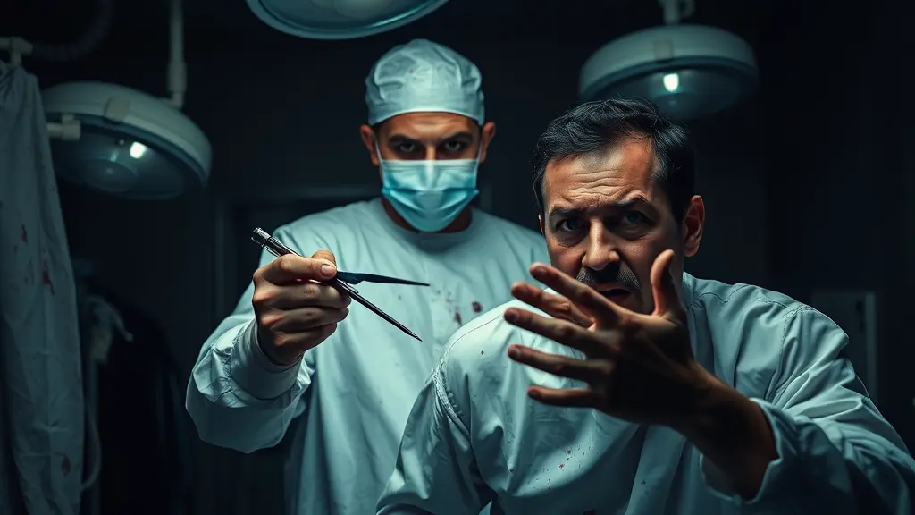 في غرفة عمليات مظلمة، يظهر الدكتور وهو يرتدي ملابس العمليات البيضاء الملطخة بالدماء، وقناع وجهه مائل. يقف خلف مساعده، ممسكًا بأداة جراحية حادة، جاهزًا للقتل. مساعد الدكتور، في وضعية خوف ويائسة، يحاول الدفاع عن نفسه لكن دون جدوى. الخلفية تتضمن أجهزة طبية متسخة وأضواء خافتة، مما يعزز الإحساس بالتوتر والخوف. تعبير وجه الدكتور يحمل عدائية، بينما وجه المساعد يعكس صدمته وذعره.