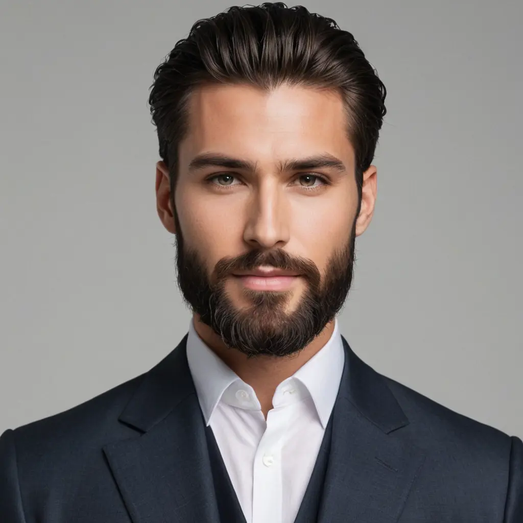 رجل وسيم وجميل جداً يتميز بملامح جذابة تثير الإعجاب. وجهه يضفي عليه الجاذبية، عظام الوجنتين بارزة والعيون مشعة وبراقة و لونها رصاصي. له لحية كثيفة وطويلة، تعزز من وسامته وتعطيه مظهراً قوياً وجذاباً. بشرته ناعمة وصافية، وشعره منسق بعناية و لونه اسود ، مما يبرز جماله بشكل مثير. "أريد شخصية بلحية كثيفة وممتلئة، منظمة ومشذبة بعناية لتكون بمظهر أنيق ومرتب و اريد ان يكون شعر الشخصية اسود و لون عيناه رصاصي