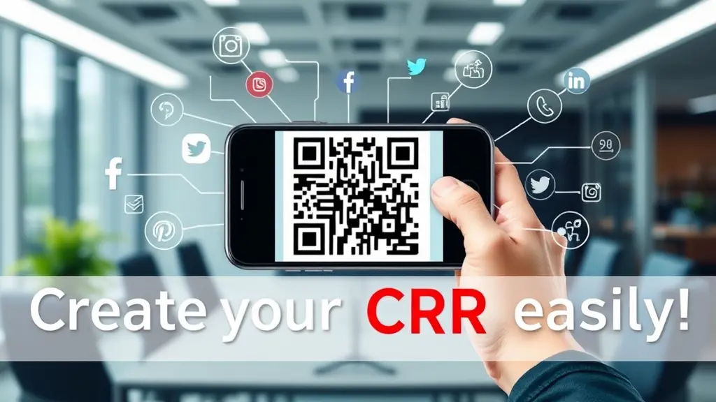 "صورة غلاف احترافية لخدمة إنشاء رموز الاستجابة السريعة. التركيز الرئيسي هو رمز QR واضح وجذاب في وسط الصورة ويكون هناك موبيل يقوم بتصوير الباركود . تحيط به رسومات عصرية وحديثة مرتبطة بى نطبيقات وسائل التواصل الاجتماعى والمواقع . النص المكتوب على الصورة يوضح 'أنشئ رمز QR الخاص بك بسهولة' بخط أنيق وحديث. الخلفية كأنك فى مكتب مع عناصر تقنية مجردة مدمجة بشكل لطيف."