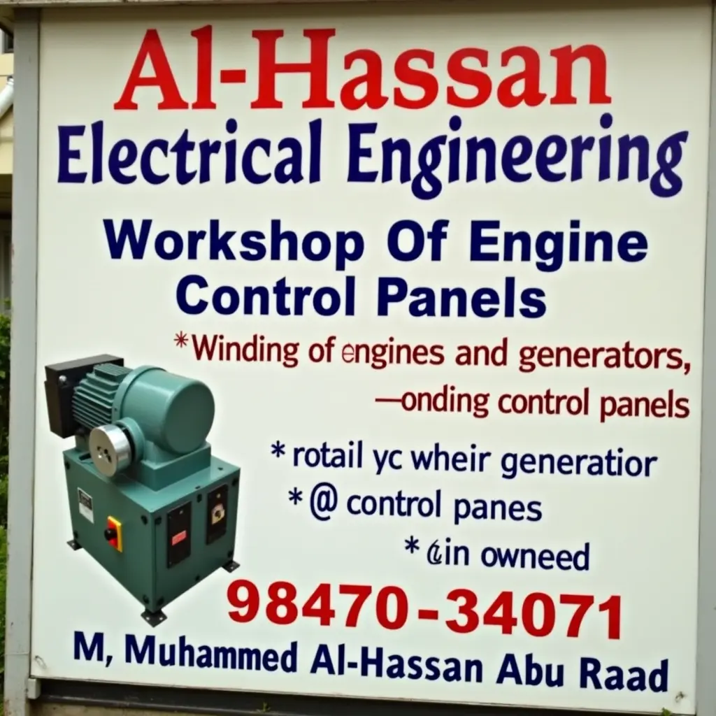 لوحة إعلانية لورشة لصيانة المحركات الكهربائي والمولدات ولوحات التحكم بالمحرك اسم الورشة الحسن للهندسة الكهربائية مع وجود صورة المحرك ولوحة تحكم ويكتب من تحت لف محركات ومولدات وتصميم لوحات القيادة والتحكم مع وجود رقم الهاتف 0947034071 والعنوان درنج الشارع العام لصاحبه م محمد الحسن ابورعد