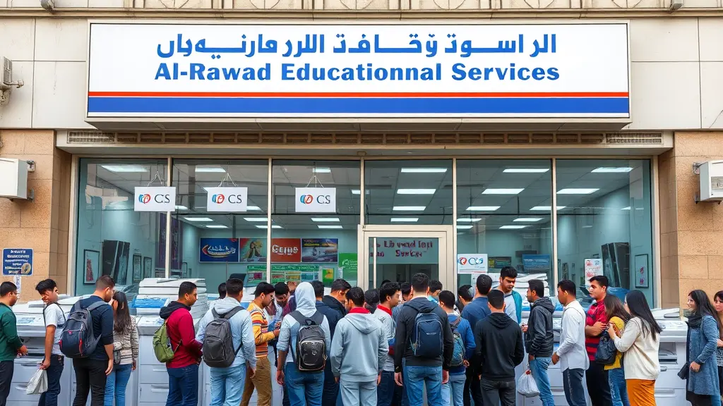 اريد واجهة مركز للطباعة والتصوير يقف امامه طلاب جامعيين عدد اكبر بالإضافة إلي صور لماكينات تصوير وطباعة واسم المركز هو الرواد للخدمات التعليمية 