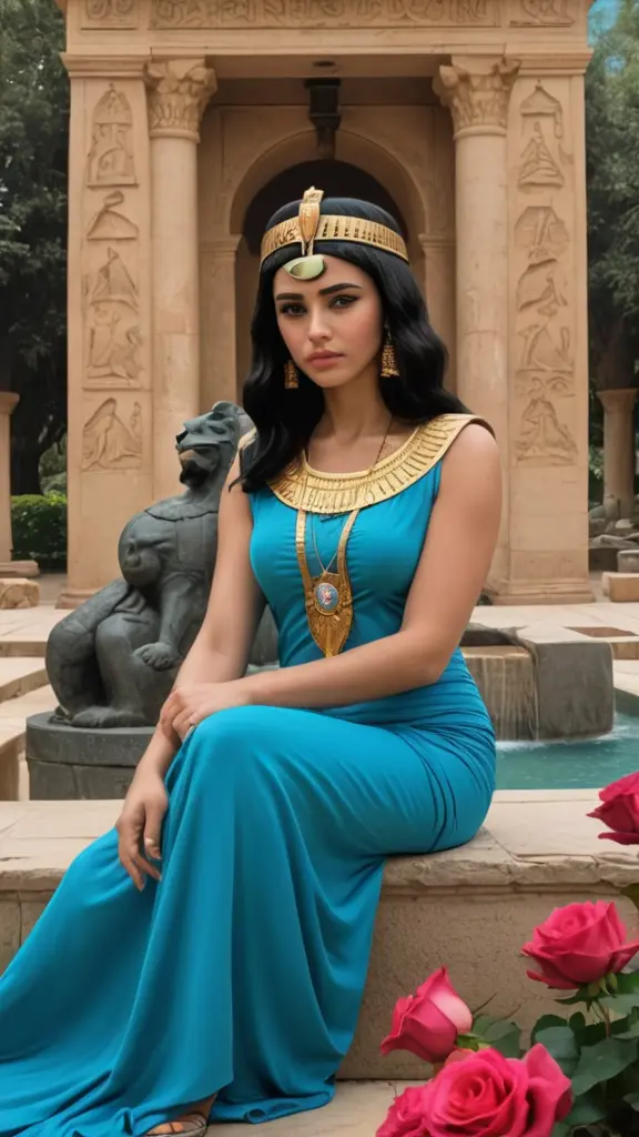 الملكه كليوباترا تجلس حزينه وتبكي ترتدي فستان أزرق مع الملك خوفو فى حالة حب صادق وحقيقي وفراق ووداع وفى الخلفية المعابد الفرعونية الجميلة ونافورة ماء جميلة والورد والياسمين والزهور والطيور الجميلة وحديقة جميلة والألوان الزاهية