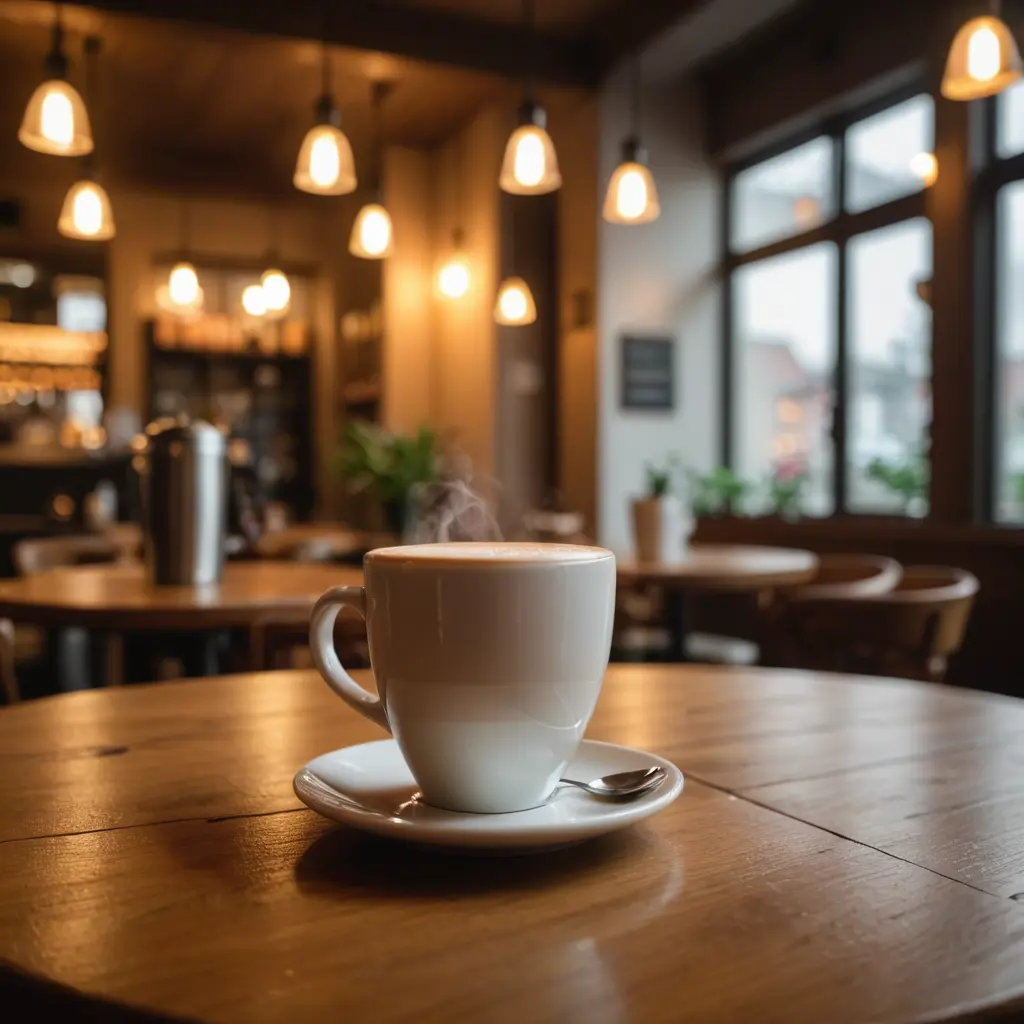 "صورة لمشروب ساخن موضوع على طاولة خشبية في مقهى هادئ، مع خلفية ضبابية لإبراز الجو المريح. الإضاءة خافتة ودافئة لتضفي طابعاً هادئاً وجميلاً. التركيز على المشروب والطاولة، بينما تظهر تفاصيل بسيطة من المقهى في الخلفية بدون تشتيت."