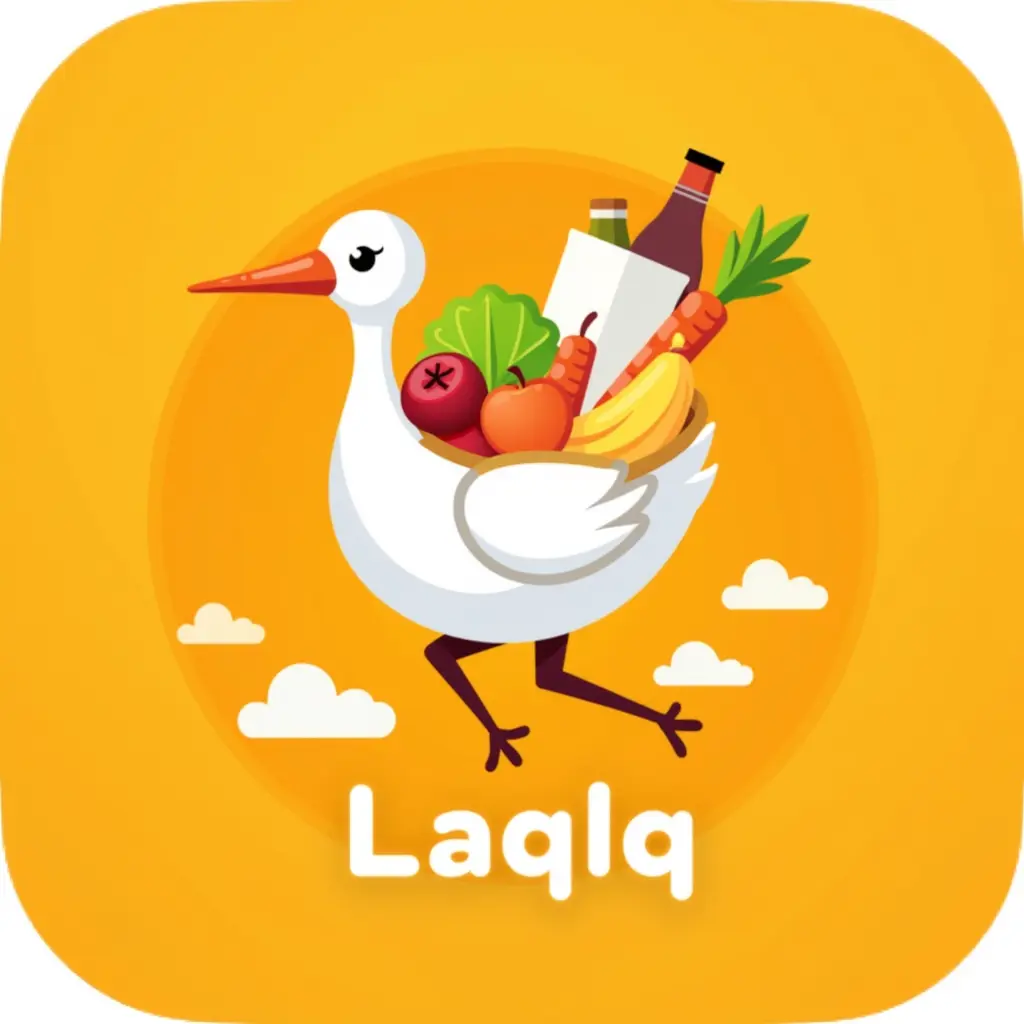 تخيل أيقونة "Laqlq" بالتفصيل: يظهر لقلق أبيض واقعي في وضع الطيران، يحمل حقيبة مليئة بأغراض البقالة مثل الخضروات (الجزر والخس) والفواكه (تفاح أو موز) مع بعض الأساسيات الأخرى. الأغراض تبرز من الكيس بشكل طفيف، ما يوحي بأنها جاهزة للتسليم. أسفل التصميم، تظهر كلمة "Laqlq" بخط ودود ومريح للعين، يعكس طبيعة الخدمة المرحة. الخلفية برتقالية وهاجة، تضفي إحساسًا بالحيوية والنشاط. يمكن أيضًا إضافة سحب صغيرة بلمسات بيضاء أو صفراء خفيفة لإعطاء عمق واهتمام بصري. هذا التصميم يجمع بين الواقعية والبساطة لضمان التميز والجاذبية.