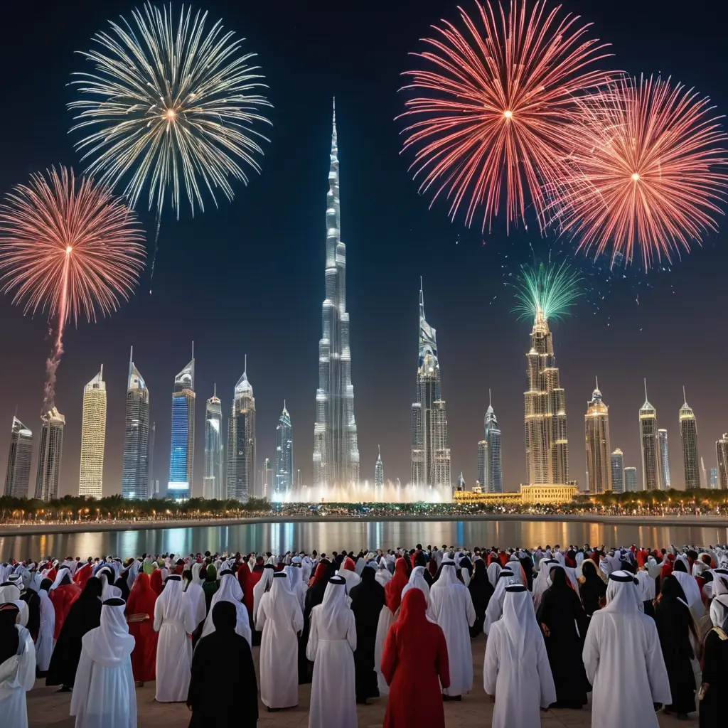 "إنشاء مشهد نابض بالحياة يمثل اليوم الوطني الامارتي 53. يتضمن المشهد علم الامارت العربيه المتحده يرفرف بفخر في الخلفية، مع معالم شهيرة مثل برج خليفه. يظهر في المشهد عناصر امارتيه تقليدية مثل أشخاص يرتدون الثوب الأبيض والنساء يرتدين العباية يحتفلون بفرح. تضيء الألعاب النارية السماء بالال الابيض، ويظهر الرقم '53' بشكل بارز، مزين. ينبعث من المشهد شعور بالفخر والوحدة، مع كتابة