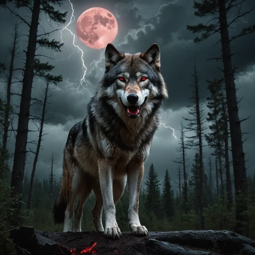 صوره لذئب في منتصف الغابه في الليل والسماء المظلمه وفيها البرق والرعد والسحب ويكون الذئب فوق هضبه مرتفعه وعيونه الحمراء المخيفه وفمه يسيل من ه الدماء ويكون قوي جداوتحوفوقه القمر بين السحابوتحته رعيته من الذئاب و يكون هناك عنوان بالاعلي علي اسم ᴅᴇʏᴀʙʟᴏᴜss