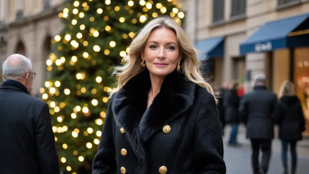photo of a beautiful 50 years old European, blonde gently waved hair, woman, full body, standing out in the street with gold earrings, black fox fur coats on admiring the Christmas tree in the city of Milano, Slight imperfections, subtle asymmetry, freckles, fine lines, gentle facial features, natural flush, uneven skin tones, Realistic skin texture, micro wrinkles