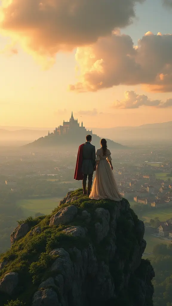 "رجل وامرأة يقفان على قمة جبل اخضر مرتفع، وبينهما مسافة. يطلان على منظر واسع ومفتوح تحت سماء تتناثر فيها الغيوم التي تلونها ألوان الغروب الدافئة. يرتدي الرجل زيًا من الطراز القديم، بينما ترتدي المرأة زى أنيقًا. في الأفق البعيد تظهر مدينة قديمة واضحه واسعة ، تتوسطها قلعة ضخمة ذات طراز معماري قديم. المسافة الكبيرة بينهما وبين المدينة تسمح برؤية تفاصيل المدينة بدقة."