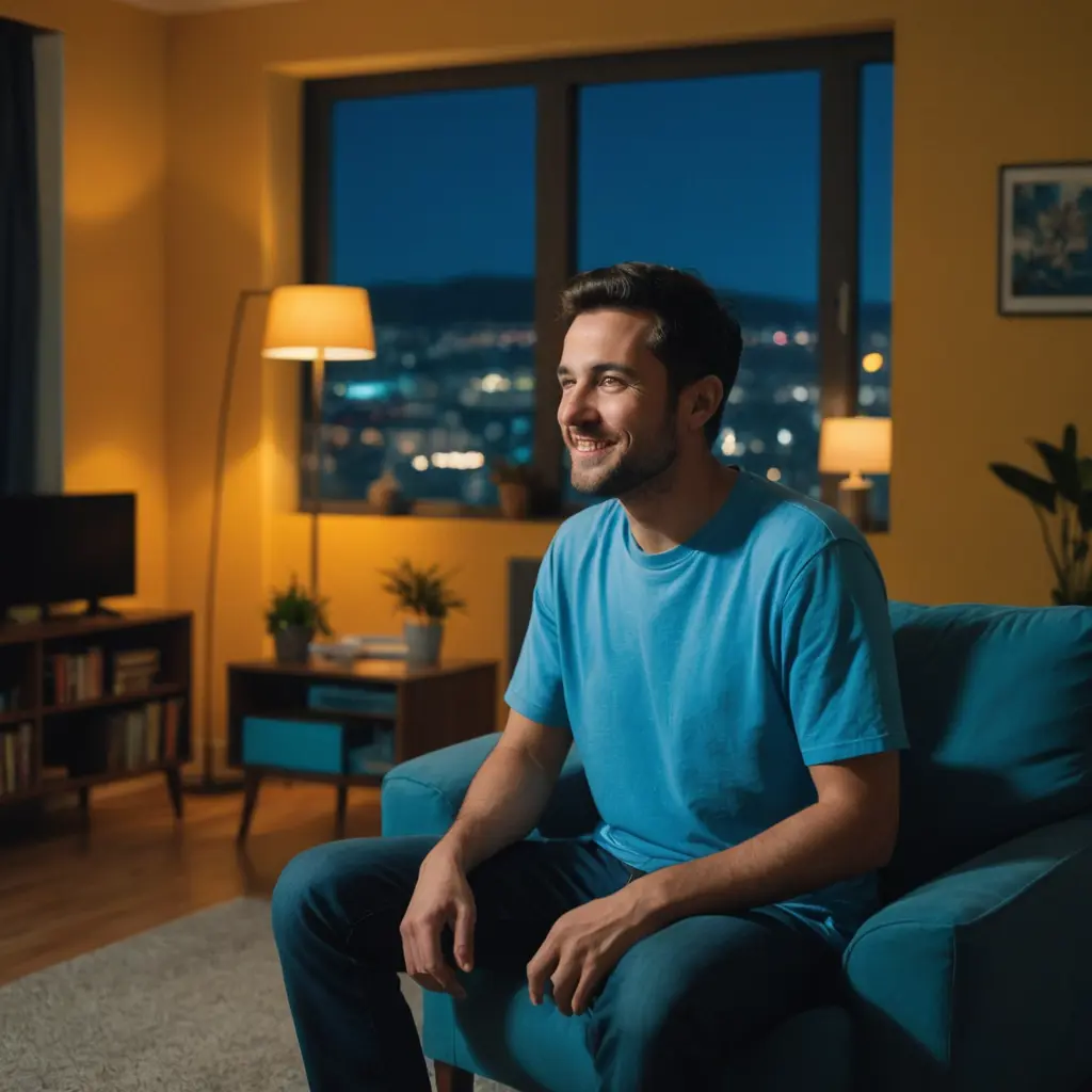 رجل يجلس في غرفة المعيشه بهدوء و سط اضاءة دافئة منيرة ليلا يستمتع بالجلوسبمشاهدة محتوي كوميدي مبهجه و حماسية وتكون الصورة مائلة للون الازرق المضاف له قليلا من اللون الاصفر و قم باضهار تفاصيل الغرفة اكثر ويكون في الخلفية خطوط من الضوء الصغيرة جدا جدا قم باظهار تفاصيل الاوضة اكثر و ابعد الصورة عن الشخص