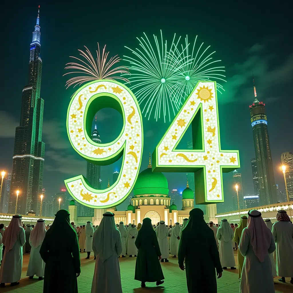 "إنشاء مشهد نابض بالحياة ومليء بالتفاصيل يمثل اليوم الوطني السعودي الـ 94. يتضمن المشهد الخلفية شهيرة مثل برج المملكة، المسجد الحرام، أبراج البيت، ونافورة جدة. يظهر في المشهد أشخاص سعوديون يرتدون الثوب الأبيض والنساء بالعباية الخضراء يحتفلون بفرح. تضيء الألعاب النارية السماء ليلاً بالألوان الخضراء والبيضاء. يظهر الرقم '94' بشكل بارز، مزين برموز سعودية مثل النخلة والسيفين المتقاطعين. ينبعث من المشهد شعور بالفخر والوحدة الوطنية،