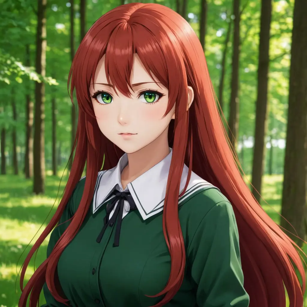 فتاة انمي شعرها احمر طويل و طويلة عيناها خضراء اللون 