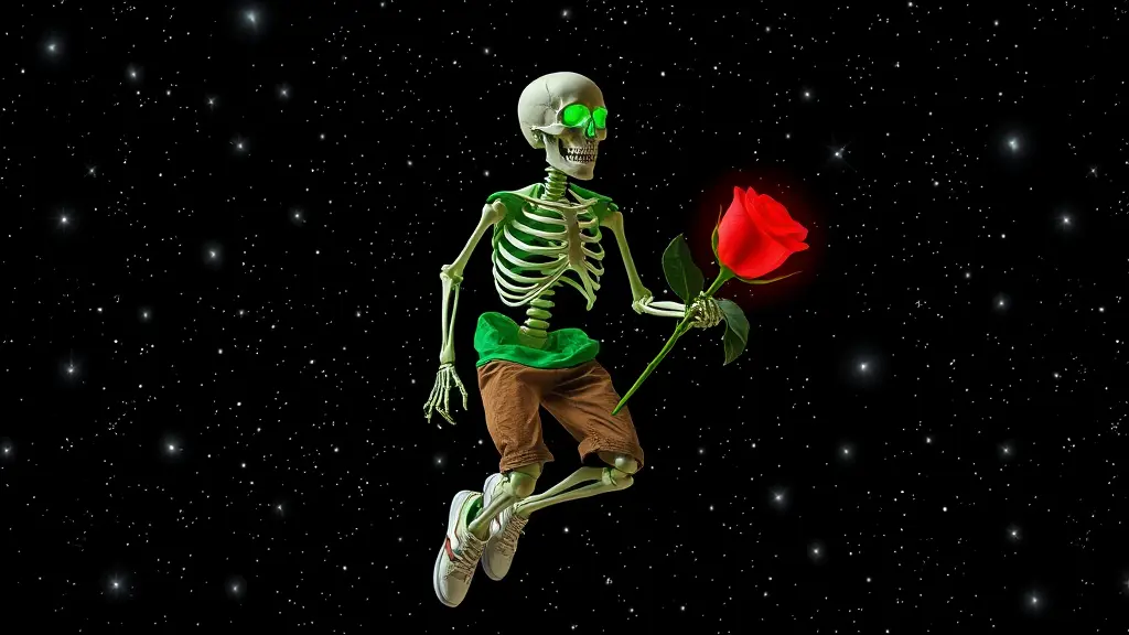 خلفيه تكون سوداء جدا ولامع وتكون عليها نجوم كثيره بيضاء ساطعه ويكون فى منتصف الصوره هيكل عظمى انسان تكون الجمجمه خضراء و مضيئه ساطعه ويكون على الهيكل العظمى ملبس اخضر رياضى وبنطلون بنى وحذاء رياضى ابيض ويكون كأنه واقع يقع من السماء وفى يده ورده حمراء مضيئه وساطعه