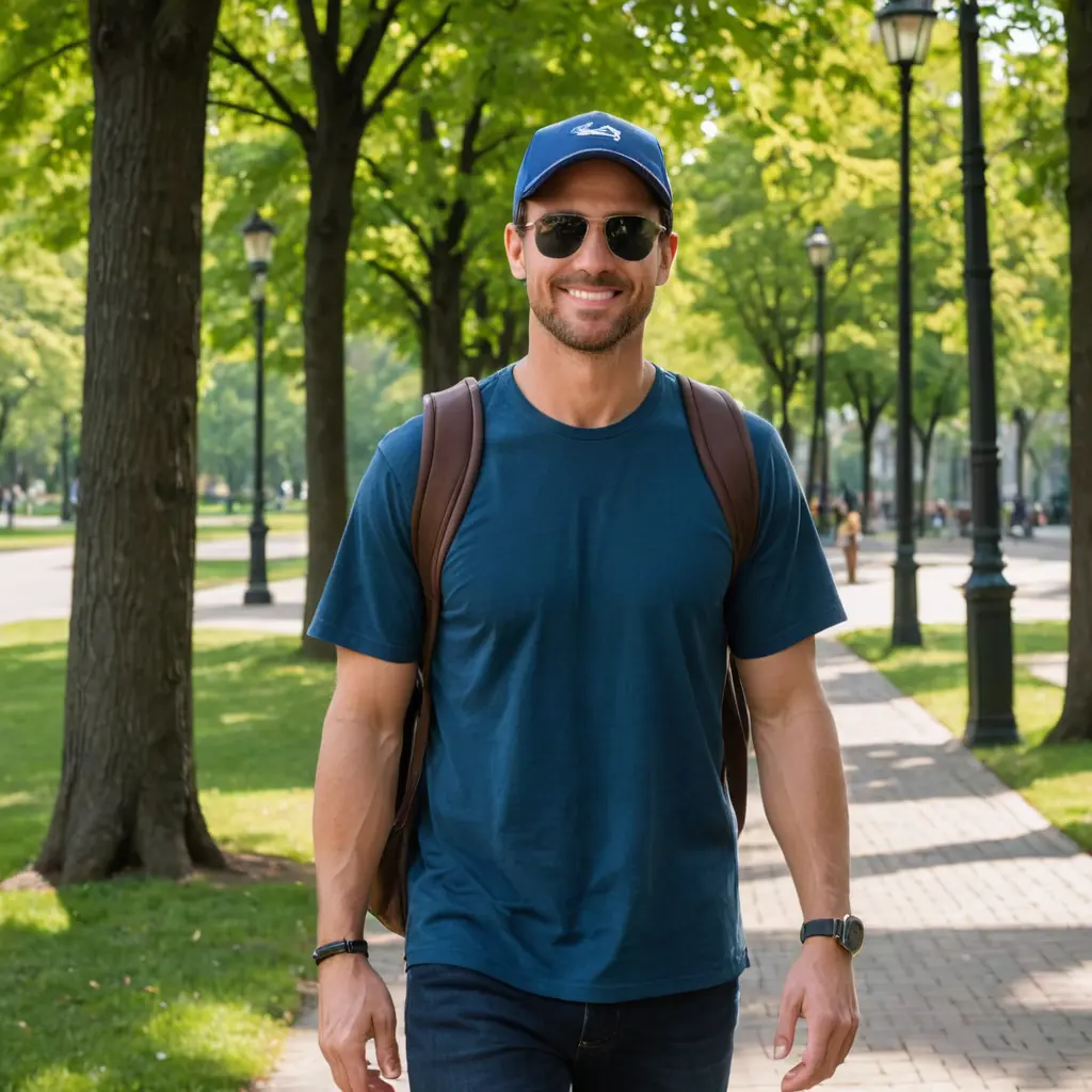 رجل في منتصف الثلاثينيات، ذو قامة متوسطة، وجسم رياضي. لديه شعر بني قصير وعيون زرقاء.الملابس: يرتدي قميصًا أزرق داكنًا وسروال جينز داكن، وقبعة رياضية بيضاء.الملحقات: يحمل حقيبة ظهر جلدية بنية، ويضع نظارات شمسية على رأسه.البيئة: يقف في حديقة عامة خلال النهار. الأشجار حوله خضراء، وهناك ممرات من الأسفلت مع بعض المقاعد الخشبية.الإضاءة: أشعة الشمس ساطعة، مما يخلق ظلالًا خفيفة على الأرض.التعبير: وجهه مبتسم ومبتهج، ويبدو سعيدًا ومرتاحًا.