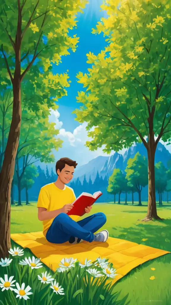 "صمم لي بوستر لكتاب بعنوان 'رحلة الحياة: دروس من الضحك والتحدي'. أريد خلفية ملونة زاهية تجمع بين الألوان مثل الأزرق، الأصفر، والأخضر. يجب أن تحتوي الخلفية على رسومات بسيطة للأزهار والشمس.
في وسط البوستر، ضع صورة لشخص يجلس في حديقة جميلة ويقرأ كتابًا، مع ابتسامة على وجهه. يمكن أن يكون في الخلفية أصدقاء يتفاعلون معًا بشكل مرح.
أضف اقتباسًا ملهمًا: 'الحياة ليست مجرد هدف، بل هي رحلة مليئة بالتجارب والدروس.'
في الأسفل، اكتب اسم المؤلف 'ماجد مراد (Mego)' بخط واضح وبارز.
استخدم خطوطًا سهلة القراءة مع تنسيق جذاب."