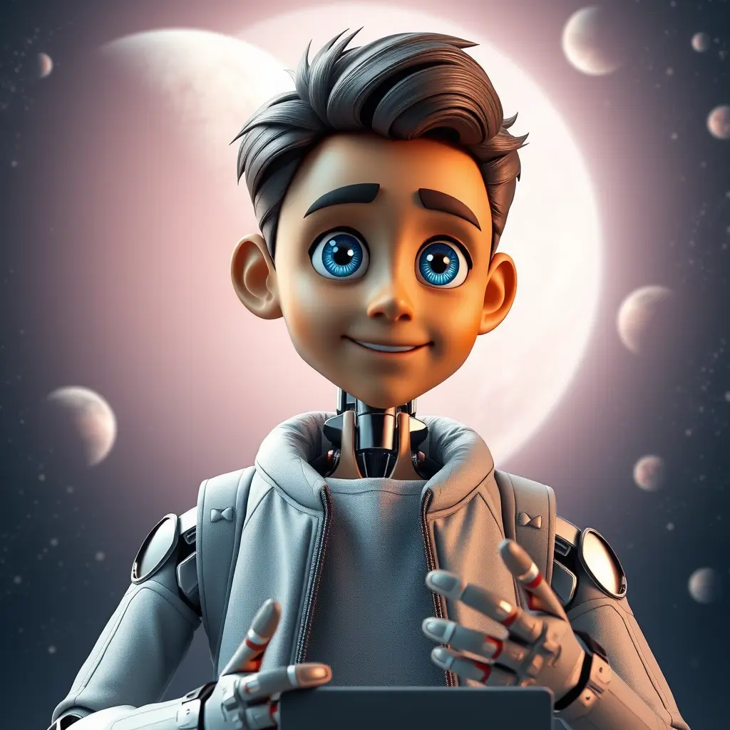 The robot is depicted as a man with warm-toned light brown skin that reflects light, large expressive blue eyes, and a flexible mouth for conveying emotions. It has soft synthetic hair that can be styled and a lightweight metallic frame for natural movement. Dressed in a light gray jacket over a simple shirt, it may carry a laptop or small bag. The robot has a clear, pleasant voice and uses expressive hand movements. Set against a backdrop of vast outer space filled with planets and stars, it embodies a friendly personality full of curiosity, making it an ideal companion for exploration.