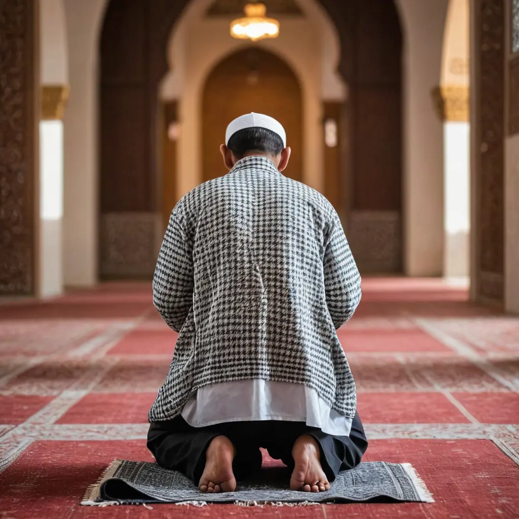 صورة رجل مسلم يدعو الله في المسجد ويرتدي كوفية ومستدير بظهره ومستدير قليلا نحو اليمين
