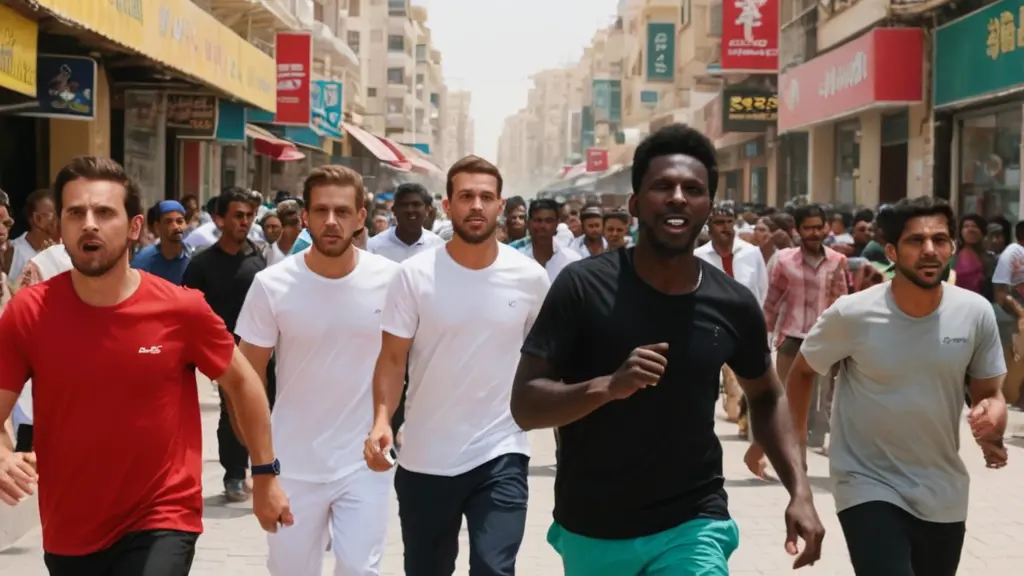 شخص لون بشرته سوداء يهرب ركض من شخص لون بشرته بيضاء قليلا . والشخص ذو البشر البيضاء يركض وراءه .في سوق شعبي . بين الناس السوق الشعبي وسط المدينة في دبي و الناس مستغربين منهم وينظرون لهم بالنظره استغراب . ولكن هما يركضون وراء بعض والشخض ذو البشره السوداء يبدو خائفا ومتوتر تكون المطارده بين التجمع ناس ويبدون الناس خليجيين ومختلفين الجنسيات والشاشه قريبه على وجوههم الصوره بشكل كارتوني