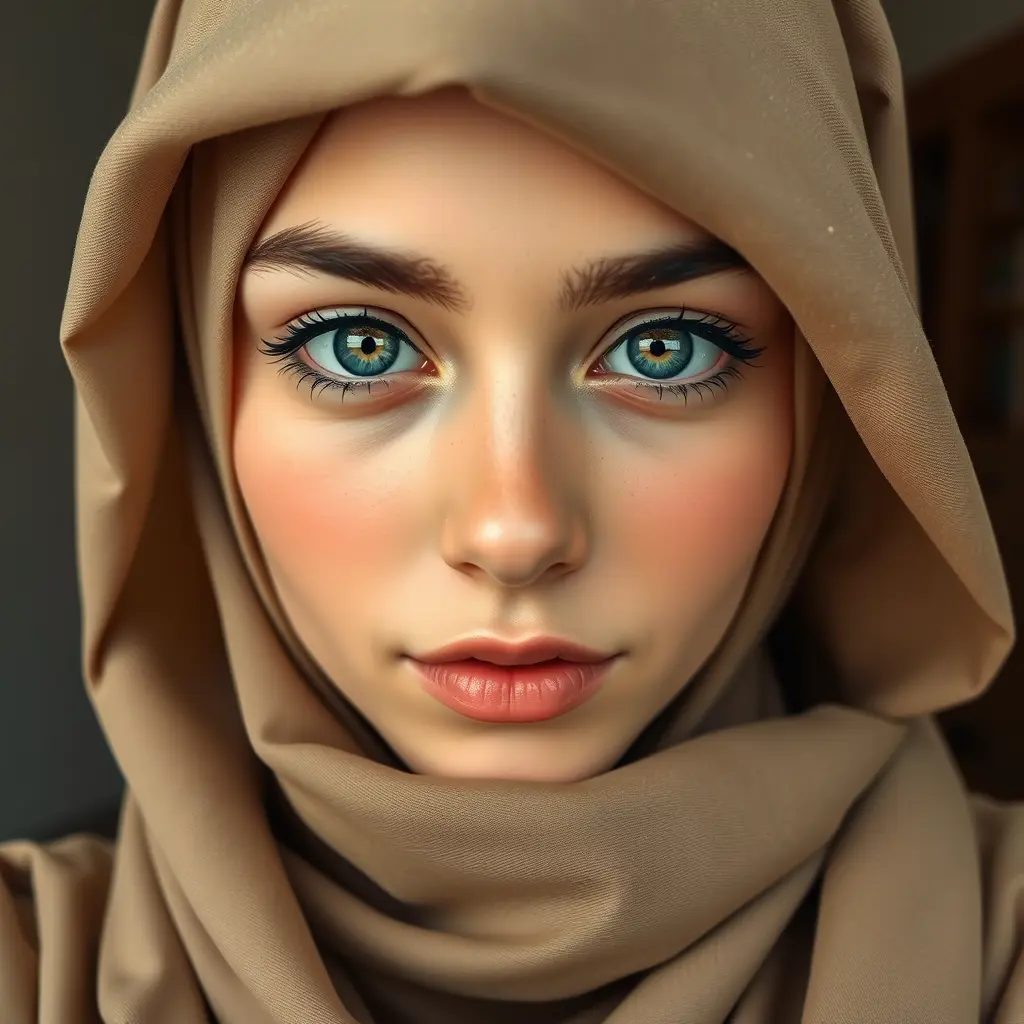 وجه فتاة محجبة انيقة جميلة عيونها عسلي و بشرتها حنطية بوضعية التقاط صورة سيلفي لصورة شخصية على الفيس بوك